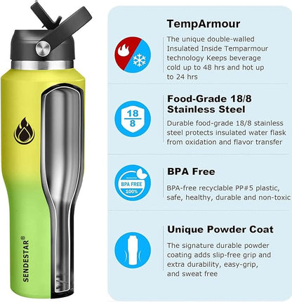 SENDESTAR 40oz Water Bottle Wide Mouth Stainless Steel Vacuum Insulated Double Wall with 2 Straw Lids Fit in Any Car Cup Holder