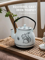 Toptier Teapot with Removable Infuser, Cast Iron Tea Kettle Stovetop Safe, Squirrel Design Tea Pot Coated with Enameled Interior for 32 Ounce (950 ml), Light Blue