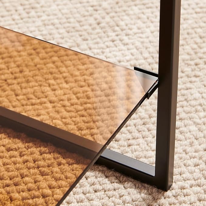 Shrine Brown Glass Coffee Table, Modern Design, Dual-Layer Coffee Table for Living Room, Black Metal Frame, Brown Glass Top
