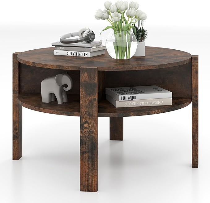 Giantex Round Coffee Table, 2-Tier Mid Century Modern Tea Cocktail Table with Storage Shelves & 4 Side Compartments, Wood Center Table for Living Room, Small Spaces (Rustic Brown)