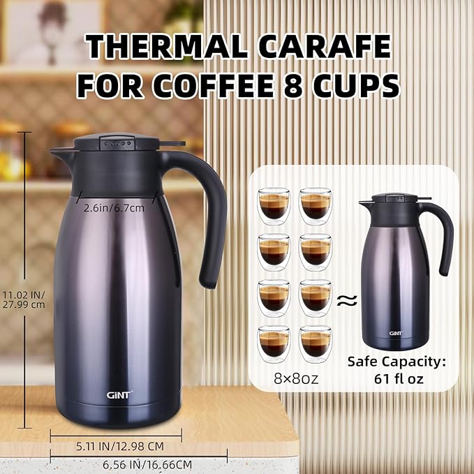 GiNT 1.9L / 64Oz Thermal Coffee Carafe, Insulated Stainless Steel Coffee Carafes for Keeping Hot/Double Walled Vacuum Thermal Carafe (Purple)