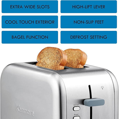 Kenmore toaster 2 slice - extra wide slot countertop kitchen appliance, defrost function, tostador de pan, 9 shade settings, compact design, easy clean crumb tray, bread bagel, stainless steel
