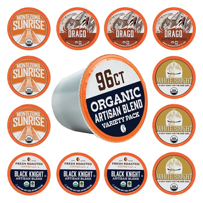 Fresh Roasted Coffee, Organic Artisan Blend Variety Pack | USDA Organic, Kosher | K-Cup Compatible, 96 Pods