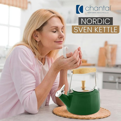 Chantal SVEN Enamel on Steel Whistling Teakettle with Natural Wood handle, 1.4 quarts (Forest Green)