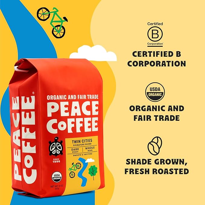 Peace Coffee Twin Cities Blend | 20 oz Ground Dark Roast | Organic Fair Trade | Smooth, Inviting Flavor | Shade Grown, Fresh Roasted