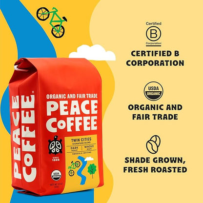 Peace Coffee Twin Cities Blend | 20 oz Ground Dark Roast | Organic Fair Trade | Smooth, Inviting Flavor | Shade Grown, Fresh Roasted