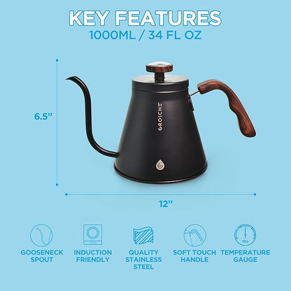 GROSCHE - Marrakesh Gooseneck Kettle Stovetop - Stainless Steel Pour Over Coffee Kettle Stovetop - Tea Kettle - Stovetop Gooseneck Kettle - Coffee & Tea Kettle - Home Essentials, Black (34 fl. oz)