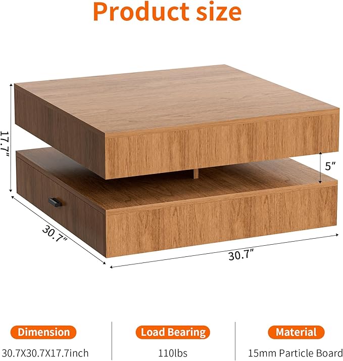 LED Coffee Table for Living Room, 2-Tier Living Room Table Square Center Table, Modern Coffee Tables with Storage, Middle Wooden Tea Tables for Home Office (Walnut)