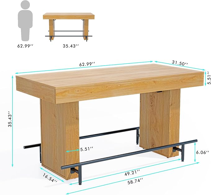 63 Inch Wide Bar Table with Sturdy Footrest – Counter Height Dining Table for 4-6 People – Industrial Kitchen Pub Table, Perfect for Small Space, Living Room, Cafe & Home Bar