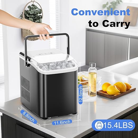 SMUG Ice Makers Countertop with Handle, Portable Ice Machine, 9 Bullet Cubes in 6 Mins, 26lbs in 24Hrs, Auto-Cleaning, with Basket and Scoop, for Home, Kitchen, RV, Camping, Elegant Black with Handle