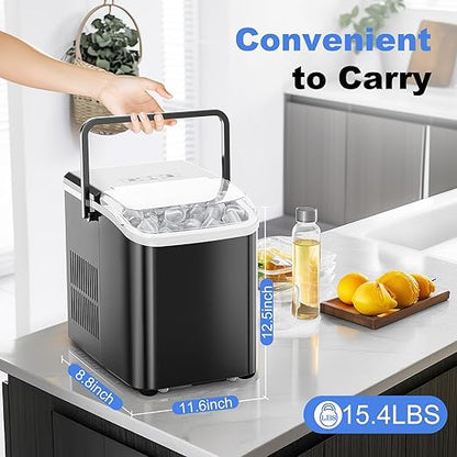SMUG Ice Makers Countertop with Handle, Portable Ice Machine, 9 Bullet Cubes in 6 Mins, 26lbs in 24Hrs, Auto-Cleaning, with Basket and Scoop, for Home, Kitchen, RV, Camping, Elegant Black with Handle