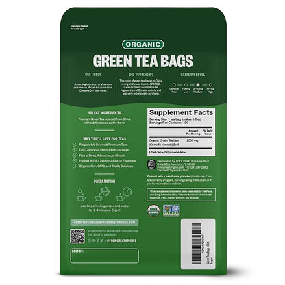 FGO Organic Green Tea, 100 Count Eco-Conscious Tea Bags, Caffeinated, Resealable Pouch, Packaging May Vary (Pack of 1)