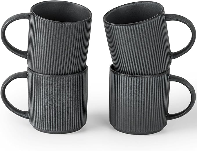 famiware Coffee Mug Set for 4, Star 12 oz Catering Mugs Cup Set with Handle for Coffee, Tea, Cocoa, Milk - Ceramic Stoneware Drinkware Set, Matte Dark Charcoal