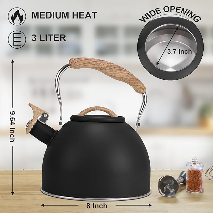 Tea Kettle, Vegoran 100 OZ / 3 Liter Whistling Tea Kettle, Tea Pots for Stove Top Food Grade Stainless Steel with Wood Pattern Folding Handle, Loud Whistle Kettle for Tea, Coffee, Milk (Black)