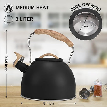 Tea Kettle, Vegoran 100 OZ / 3 Liter Whistling Tea Kettle, Tea Pots for Stove Top Food Grade Stainless Steel with Wood Pattern Folding Handle, Loud Whistle Kettle for Tea, Coffee, Milk (Black)