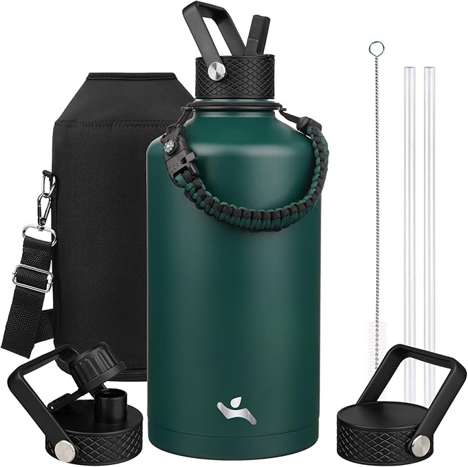 Gallon Insulated Water Bottle with Straw,128 oz 3 Lids Water Jug with Carrying Bag,Paracord Handle, Double Wall Vacuum Stainless Steel Metal Flask,Dark Green