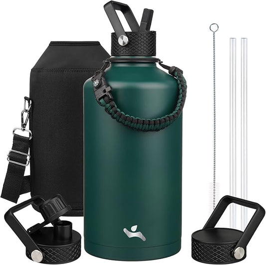 Gallon Insulated Water Bottle with Straw,128 oz 3 Lids Water Jug with Carrying Bag,Paracord Handle, Double Wall Vacuum Stainless Steel Metal Flask,Dark Green