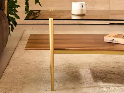 Shrine Rectangle Coffee Table, Mid-Century Modern Design, 2-Tier Structure, Amber Glass Top and Walnut MDF Shelf, 41" D x 21" W x 17" H, Sleek Conical Metal Legs with Gold Finish