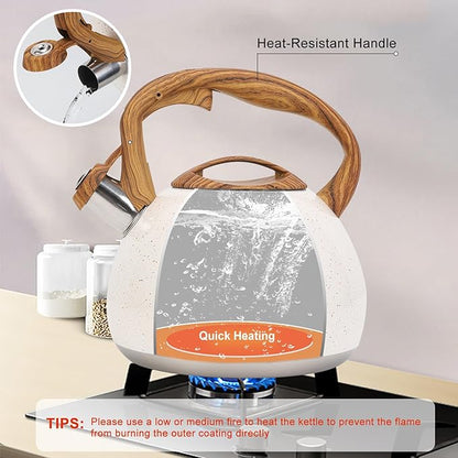 Tea Kettle, Vegoran 100 OZ / 3 Liter Whistling Tea Kettle, Tea Pots for Stove Top Food Grade Stainless Steel with Wood Pattern Folding Handle, Loud Whistle Kettle for Tea, Coffee, Milk (B-White)