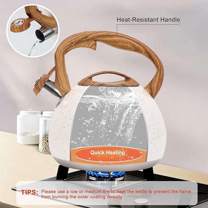Tea Kettle, Vegoran 100 OZ / 3 Liter Whistling Tea Kettle, Tea Pots for Stove Top Food Grade Stainless Steel with Wood Pattern Folding Handle, Loud Whistle Kettle for Tea, Coffee, Milk (B-White)