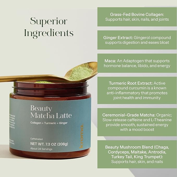 Kroma’s Beauty Matcha Latte Powder 7.18 Oz, 204g, 24 Servings – Collagen Ceremonial Grade Matcha Green Tea with Protein for Glowing Skin & Hair Support w/ Bovine Collagen, Ginger & Turmeric - Premium Matcha Powder w/ Adaptogenic Mushrooms
