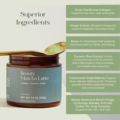 Kroma’s Beauty Matcha Latte Powder 7.18 Oz, 204g, 24 Servings – Collagen Ceremonial Grade Matcha Green Tea with Protein for Glowing Skin & Hair Support w/ Bovine Collagen, Ginger & Turmeric - Premium Matcha Powder w/ Adaptogenic Mushrooms