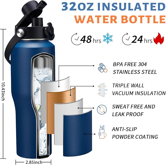 32 oz Stainless Steel Water Bottle with Straw - Spout Lid, Carrier Bag, Keep Cold-48H & Hot-24H Vacuum Insulated Flask Water Bottles Fits in Car Cup Holder, Bike, Coffee Travel Mug