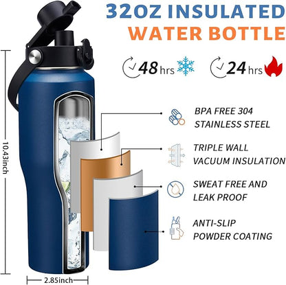 32 oz Stainless Steel Water Bottle with Straw - Spout Lid, Carrier Bag, Keep Cold-48H & Hot-24H Vacuum Insulated Flask Water Bottles Fits in Car Cup Holder, Bike, Coffee Travel Mug