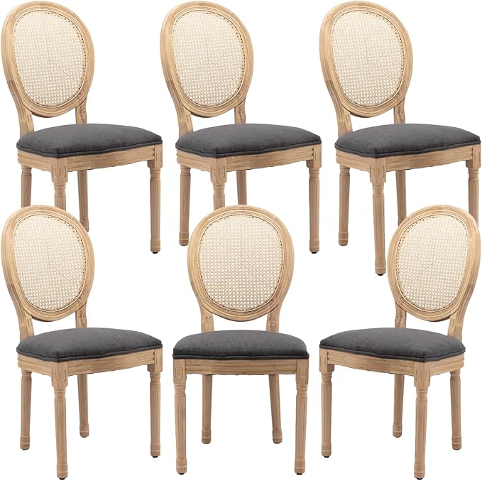 French Country Dining Chairs Set of 6, Vintage Wooden Dining Chairs with Fabric Upholstered Seat&Rattan Oval Backrest,Solid Wood Legs&Frame, Farmhouse Kitchen&Living Room Chairs(Gray,6 Pcs)