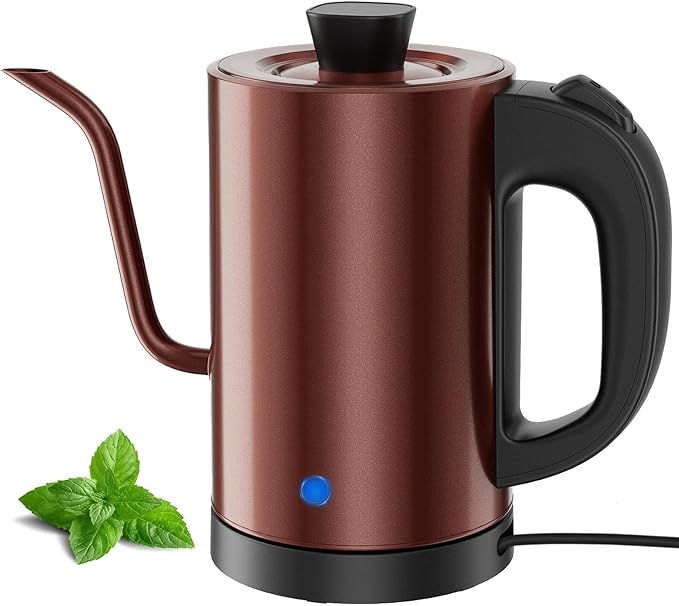 Gooseneck Electric Kettle 0.8L, 304 Stainless Steel (BPA-Free), 600W Fast Heating, Compact Copper Design with One-Touch Button & Auto Shut-Off, Perfect for Home, Office & Coffee/Tea Lovers