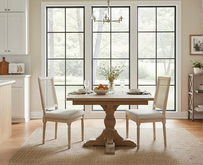 CIMOTA Farmhouse Dining Chairs Set of 6, French Rattan Dining Room Chairs with Rectangle Back/Distressed Wood Upholstered Vintage Side Chairs for Kitchen/Restaurant, Beige/6PCS