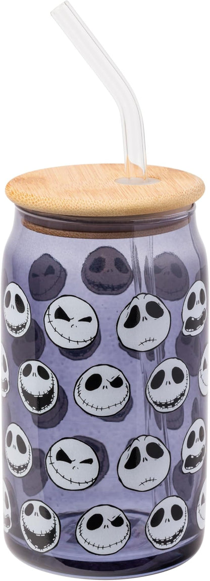 Silver Buffalo Disney Tim Burton Nightmare Before Christmas Jack Skellington Expressions Gray Glass Jar Tumbler with Bamboo Lid and Glass Straw, 16 Ounces