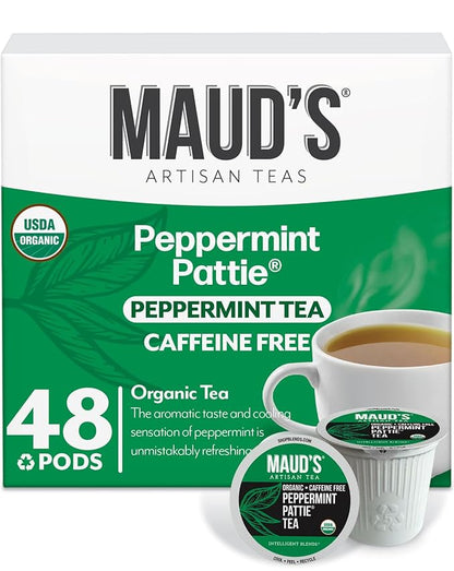 Maud's Organic Peppermint Tea Pods, 48 ct, Recyclable Single Serve Pods – 100% Gourmet Blended Tea Leaves, Compatible with Keurig K Cups Maker