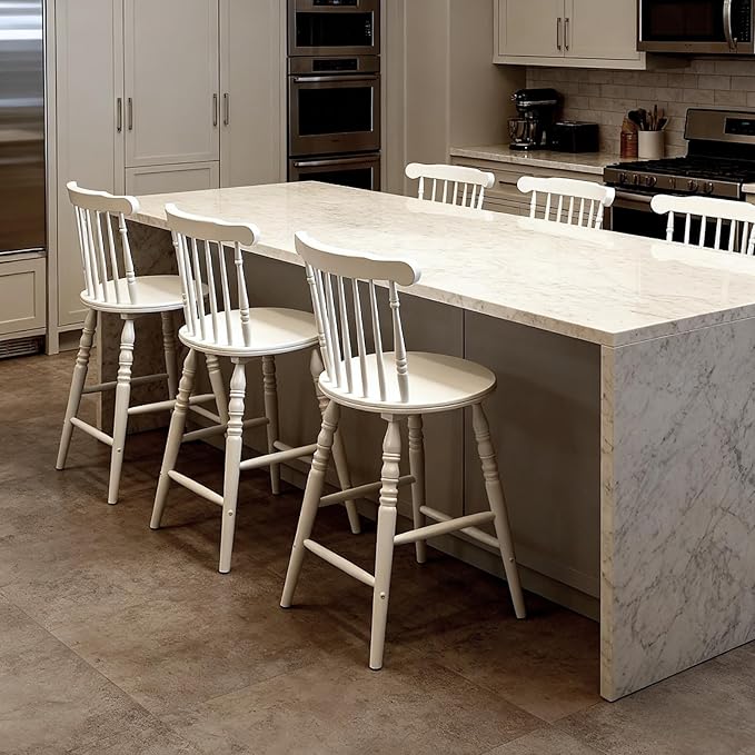 chairus 24" White Windsor Counter Height Bar Stools Set of 2, Farmhouse Wooden Counter Stools with Spindle Back & Turned Legs, Rustic Vintage Colonial Bar Chairs for Kitchen Island