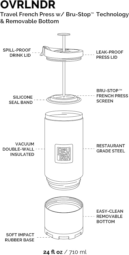 OVRLNDR Travel Coffee French Press, 24 fl.oz Capacity, Double Wall Vacuum Insulated, Easy To Clean Removable Bottom, No Spill Lid, On The Go Coffee Brewing (Obsidian)