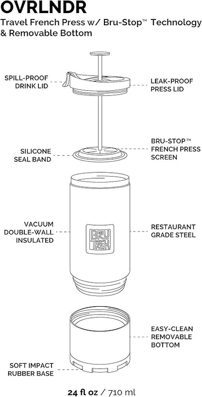 OVRLNDR Travel Coffee French Press, 24 fl.oz Capacity, Double Wall Vacuum Insulated, Easy To Clean Removable Bottom, Locking No Spill Lid, On The Go Coffee Brewing (Storm Gray)
