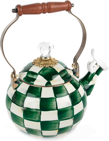 MACKENZIE-CHILDS Enamel Whistling Tea Kettle, Decorative Teapot, Green-and-White Emerald Check