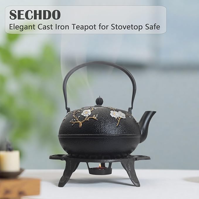 Cast Iron Teapot SECHUDO Teapot for Stovetop Safe Coated with Enameled Interior,Japanese Beautiful Tea Kettle with Stainless Steel Infuser for Loose Tea (60.9oz Plum Blossoms and Bird Pattern)