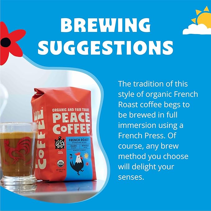 Peace Coffee French Roast | 20 oz Ground Dark Roast | Organic Fair Trade | Soft, Gentle Flavor | Shade Grown, Fresh Roasted