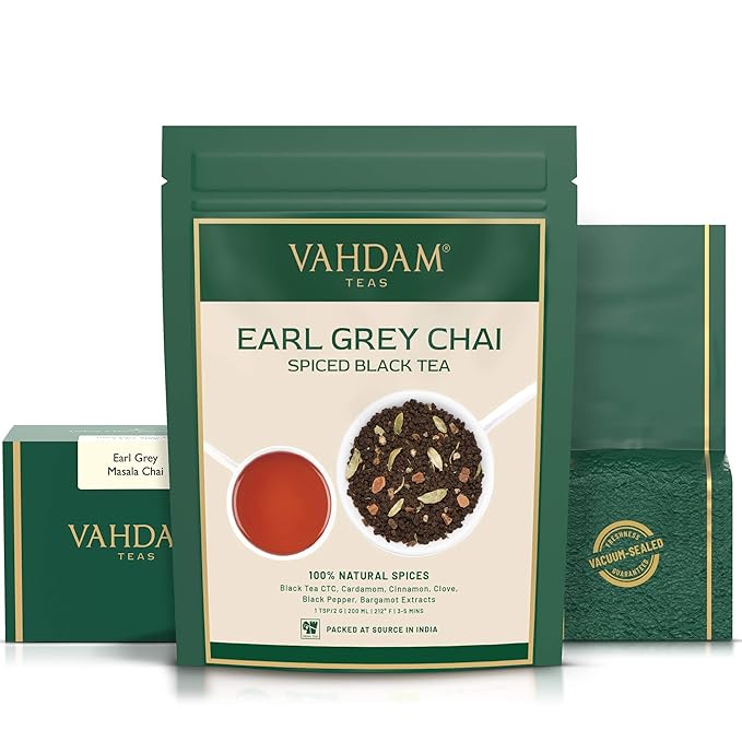 VAHDAM Earl Grey Masala Chai - High Caffeine, Non GMO, Gluten Free | Citrusy Earl Grey Tea Leaves w/ Pure Bergamot Oil | Brew Hot, Iced or Chai Latte | Vacuum Sealed Pack (50 Cups/3.53 oz)