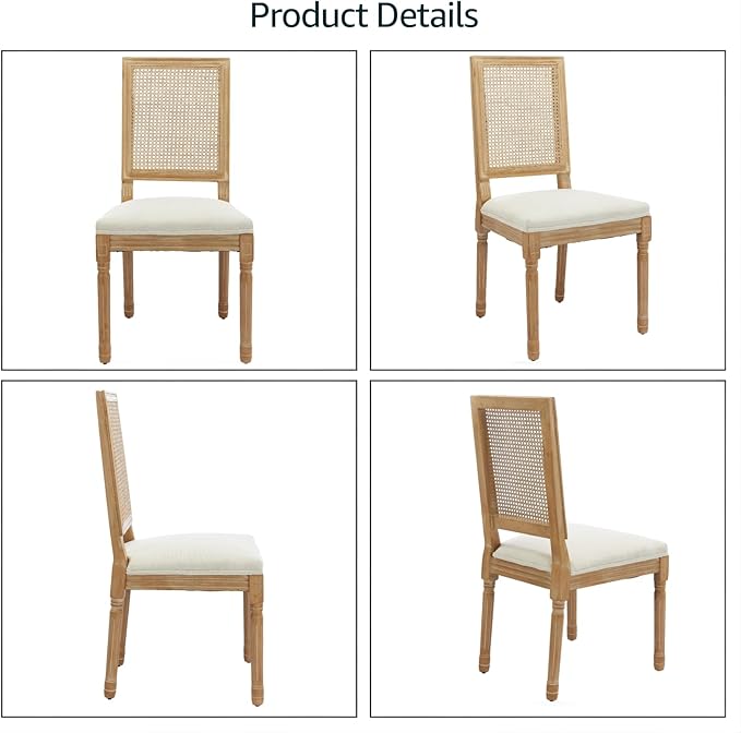 French Country Dining Chairs Set of 4, Beige Modern Kitchen & Dining Room Chairs, Rattan Dining Chair with Linen Upholstered Cushion, High Cane Back, Wood Legs, Sillas de Comedor (Beige, 4 Pcs)