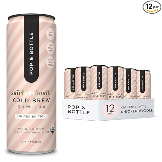 Pop & Bottle Oat Milk Lattes- Cold Brew, Cold Brew Coffee Cans, Canned Coffee, Iced Coffee, Organic, Dairy Free, Gluten Free, Lightly Sweetened with Coconut Nectar- Snickerdoodle, 8 Fl Oz (12 Pack)