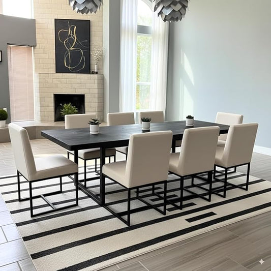 CIMOTA Modern Linen Dining Chair Set of 8, Mid Century Dining Room Chairs Fabric Upholstered Armless Side Chair with Black Sled Base for Dining Room, White Cream 8PCS