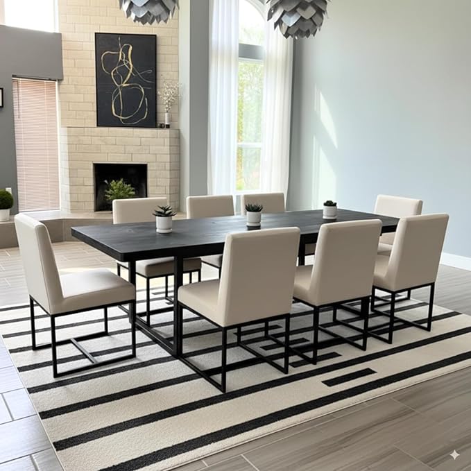 CIMOTA Modern Linen Dining Chair Set of 8, Mid Century Dining Room Chairs Fabric Upholstered Armless Side Chair with Black Sled Base for Dining Room, White Cream 8PCS