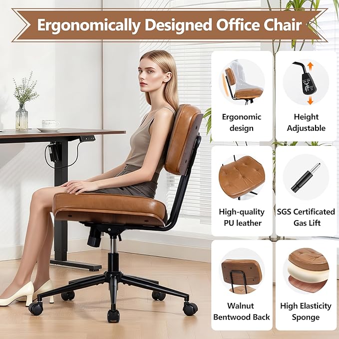 Armless Office Chair with Wheels, Adjustable Height Desk Chair Leather Swivel Computer Chair, Modern Walnut Office Side Chair for Meeting Room Office, Brown