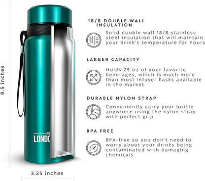 London Sip 25 oz Multi-Function Travel Mug and Tumbler Tea Infuser Water Bottle Fruit Infuser Flask Hot and Cold Double Wall Stainless Steel Coffee Thermos, Celestial Blue