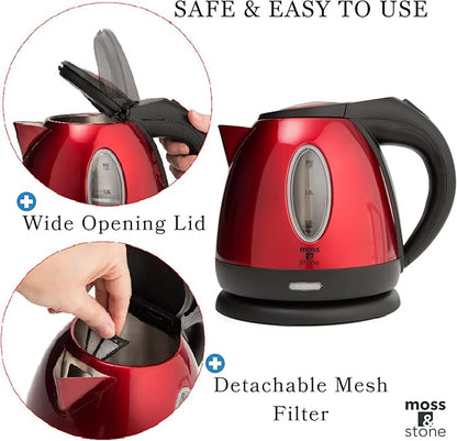 Moss & Stone 1.2L Stainless Steel Small Electric Kettle Red Color, Cordless 1500w Fast Boiling Pot, Portable Hot Water Electric Tea Kettle With Boil Dry Protection & Auto Shut-Off