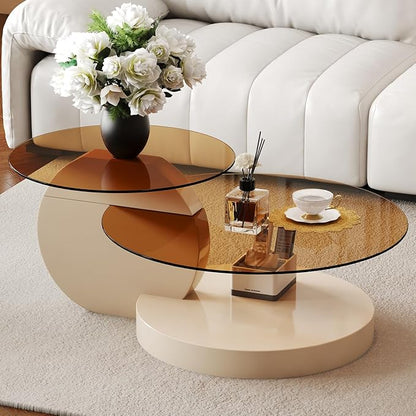 42 Inch Glass Coffee Table，Round Coffee Table with 2-Tier Tempered Glass Tabletop，Easy to Clean Circle Coffee Table with Sturdy Base for Living Room，Office （ Cream White Colored Base）