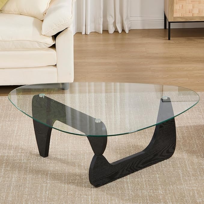 Modern Noguchi Coffee Table, Triangle Coffee Table with Tempered Glass Modern Vintage Glass Tea Table Wood Glass Accent Center Table for Living Room, 44.5”x32”x16.5”, Black Transparent