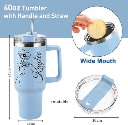 Personalized 40 Oz Tumbler with Handle and Straw, Custom Cup with Name & Birth Flower, Stainless Steel Travel Coffee Tumbler,Personalized Christmas Birthday Gifts for Women, Teen Girls